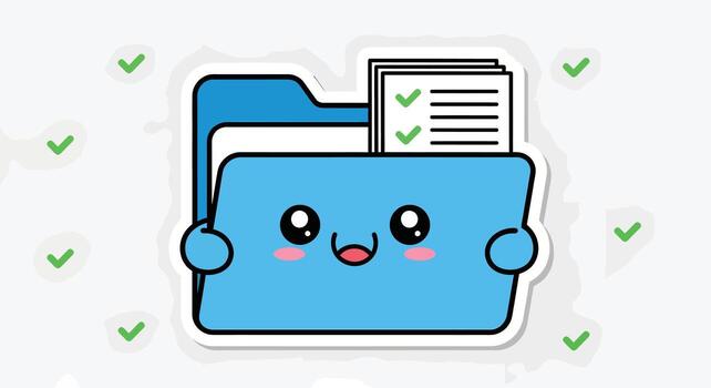 linda dibujos animados carpeta con marcas de verificación - éxito, aprobación, tarea terminado vector