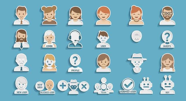 User Avatar Icons Set Profile, Admin, Bot, Team, Guest, Verified vector