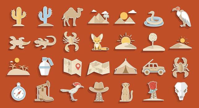 Desert Icons Set Cactus, Camel, Scorpion, and More vector