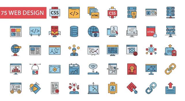 web diseño íconos conjunto css, html, base de datos, sitio web, SEO, codificación, desarrollo vector