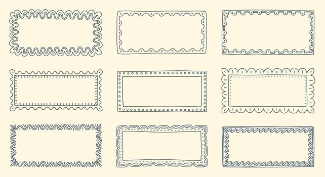 Collection of Hand-Drawn Rectangular Frames with Unique Decorative Borders on Cream Background vector