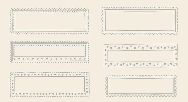 Set of Six Hand-Drawn Decorative Rectangular Frames with Scalloped Edges and Patterns vector