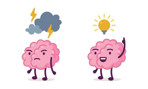 Funny Brain Character with Lightbulb Having Idea and with Lightning Feeling Angry Set vector