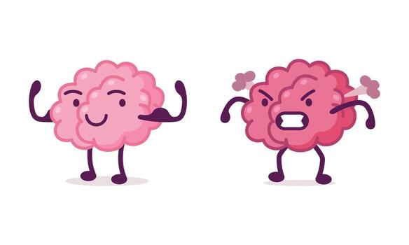 Funny Brain Character Smiling and Steaming with Anger Set vector