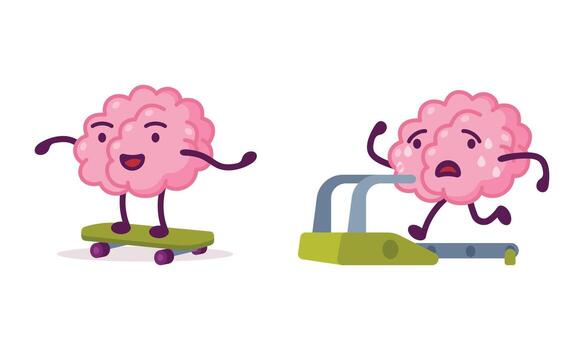 Funny Brain Character Skateboarding and Running on Treadmill Set vector