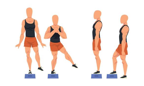 Man in Shorts Doing Sport Workout and Strength Exercise with Stepper Set vector