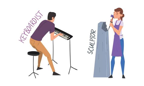 Man Keyboardist Playing Keyboard and Woman Sculptor Hammering Stone Having Creative Profession Set vector