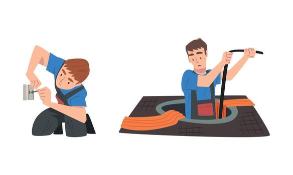 Man Electrician in Overall Fixing Electrical Wiring in Socket Set vector