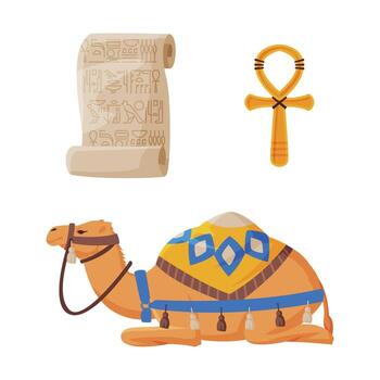 Ankh Key, Camel with Harness and Papyrus as Ancient Egyptian Symbol Set vector