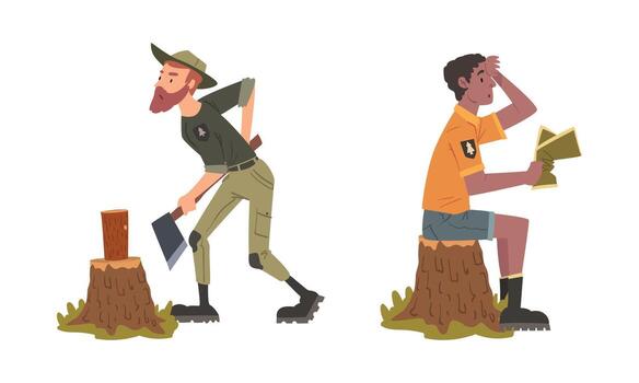 Man Forest Ranger in Uniform at National Park Sitting on Tree Stump with Map and Chopping Wood Set vector