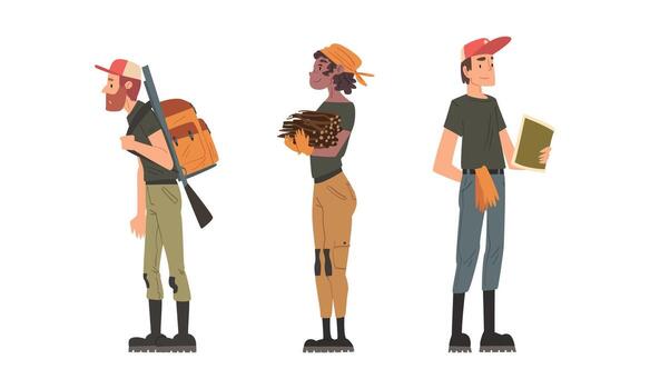 Man and Woman Forest Ranger in Uniform at National Park Standing with Backpack and Map Set vector