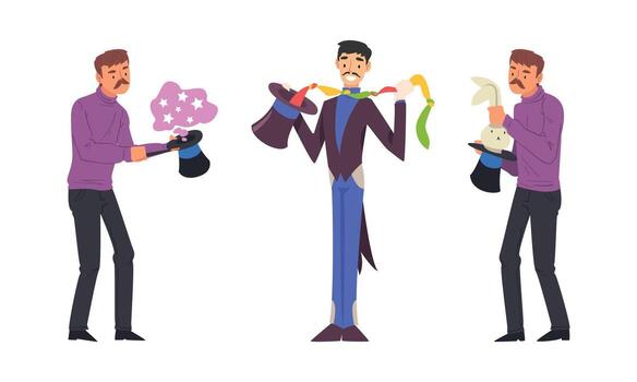 Man Magician with Top Hat Performing Different Magic Tricks on Stage with Rabbit and Ribbon Set vector