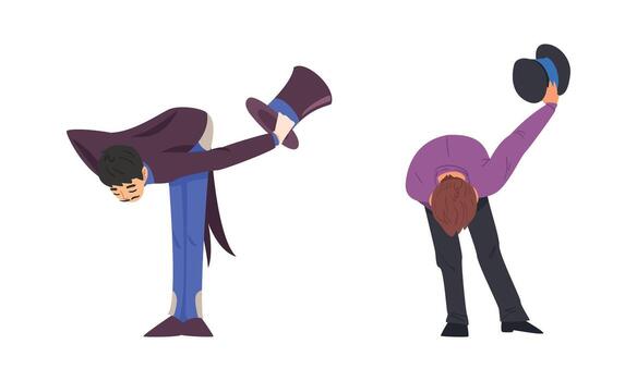 Man Magician with Top Hat Performing Different Magic Tricks on Stage Bowing to the Audience Set vector