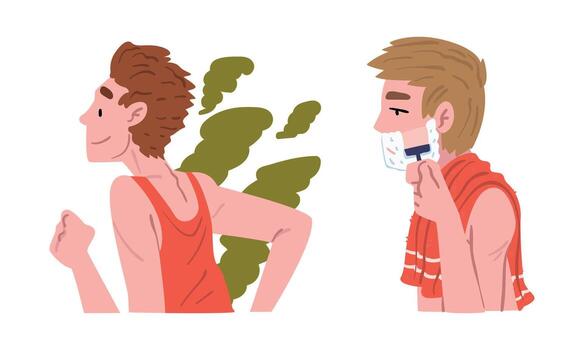 Young Man Running and Shaving in the Morning Engaged in Daily Routine Activity Set vector