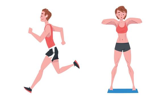 Young Man and Woman Running and Doing Physical Exercise in the Morning Engaged in Daily Routine Activity Set vector
