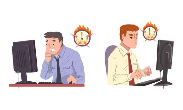 Man Office Worker Failed with Deadline Staying Late at Workplace and Burning Clock Set vector