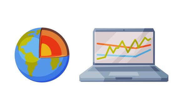 Laptop with Graph and Globe Core as Geology Sampler for Research Set vector