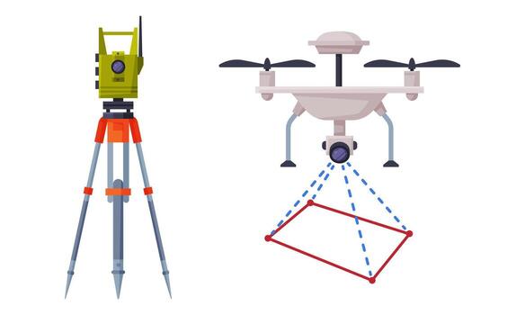 Geology Instrument and Tool with Tacheometer on Tripod and Copter Set vector