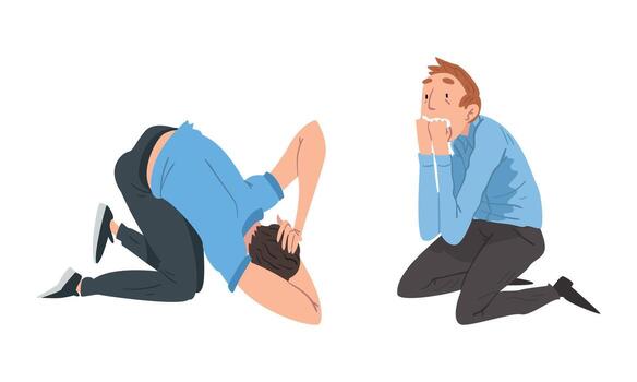 Panicked Man Afraid of Something Sitting on the Floor and Shouting with Fear Feeling Scared and Terrified Set vector