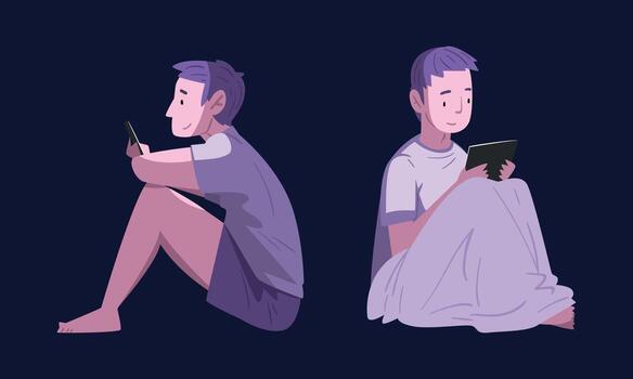 Man Character Using Digital Gadget at Night Sitting on Bed in the Dark Set vector