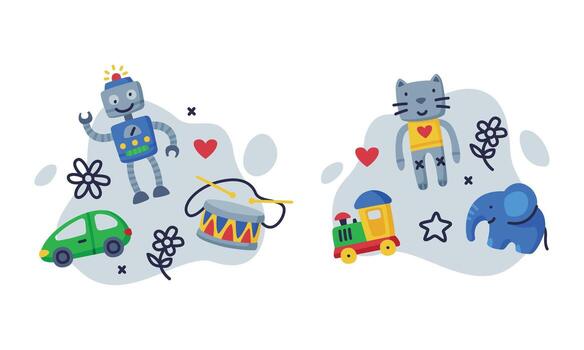 Kids Toy with Robot, Drum and Cat Composition Set vector