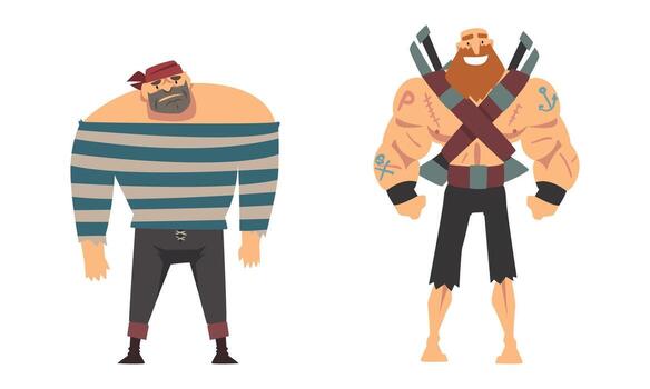 Bearded Brutal Man Pirate or Buccaneer Character Standing and Smiling with Crossed Swords Behind Set vector