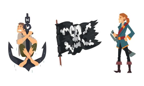 Man Pirate or Buccaneer Character Standing with Sword and Sitting on Anchor Set vector