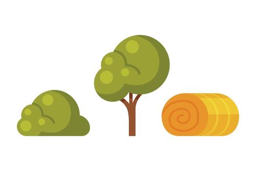 Rolled and Pressed Dry Hay as Crop Harvesting and Tree Set vector