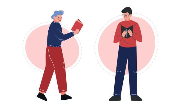 hombre caminando y leyendo interesante libro conjunto vector