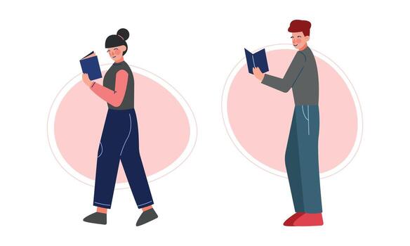hombre y mujer caminando y leyendo interesante libro conjunto vector