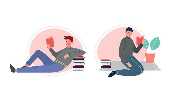 Man Sitting on Floor and Reading Interesting Book Set vector
