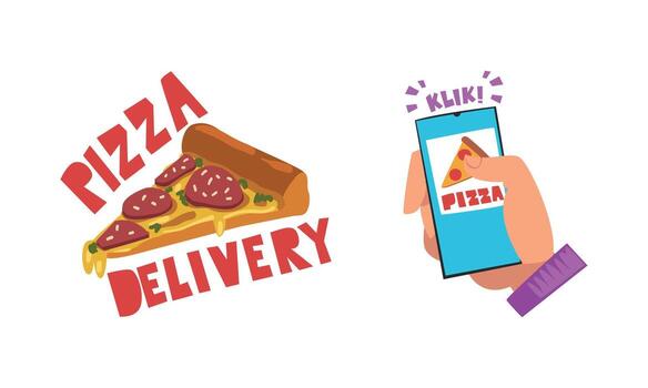 Food Delivery Service with App Interface on Smartphone Screen and Pizza Slice Set vector