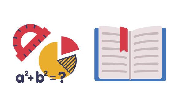 Sum with Pie Chart and Book as School Education Object Set vector