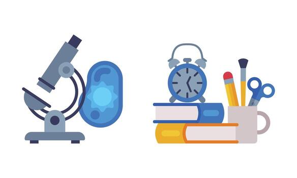 Microscope with Cell and Books with Alarm Clock as School Education Object Set vector
