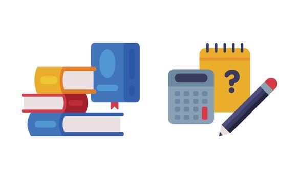 Pile of Books and Calculator with Notepad as School Education Object Set vector