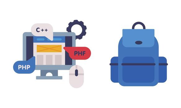 Computer Screen with Code and Blue Backpack as School Education Object Set vector