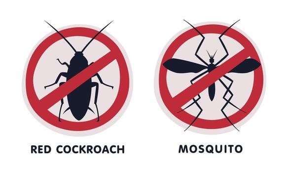 Red Cockroach and Mosquito Warning or Prohibition Sign with Cross Line Set vector