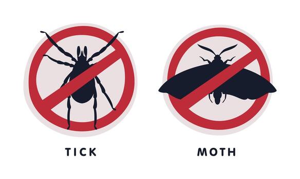 Tick and Moth Red Warning or Prohibition Sign with Cross Line Set vector