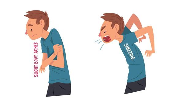 Man Having Cold or Flu Symptom with Sneezing and Slight Body Ache Set vector