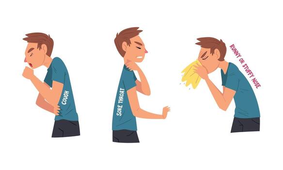 Man Having Cold or Flu Symptom with Runny Nose and Sore Throat Set vector