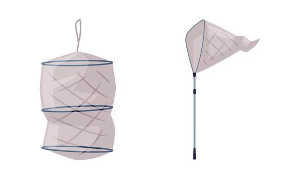 Fisherman Net with Mesh as Trap for Fish Set vector