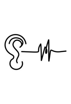 Ear and sound wave line drawing. Hearing symbol with heartbeat line. One continuous line art ear sound. vector