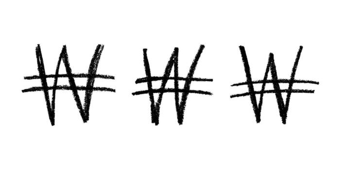 Set of hand drawn won currency symbol. Brush stroke doodle. Single element for design Scribble Banking vector