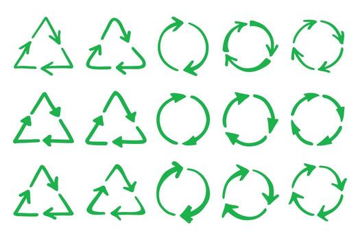 Set of hand drawn recycle arrow icon Recycling resources symbol Reuse of materials, zero waste, green environment, saving the planet pollution rotation vector