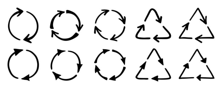 organic motion Set of hand drawn recycle arrow icon Recycling resources symbol Reuse of materials, zero waste, green environment, saving the planet vector