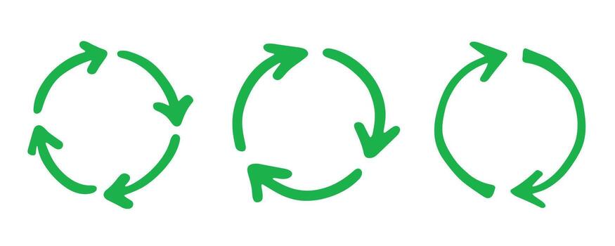 Set of hand drawn recycle arrow icon Recycling resources symbol Reuse of materials, zero waste, green environment, saving the planet organic pictogram vector