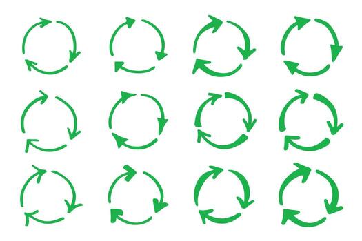 Set of hand drawn recycle arrow icon Recycling resources symbol Reuse of materials, zero waste, green environment, saving the planet organic motion vector