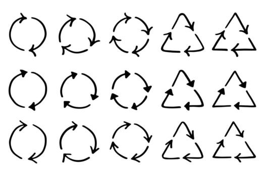 Set of hand drawn recycle arrow icon Recycling resources symbol Reuse of materials, zero waste, green environment, saving the planet organic isolated vector