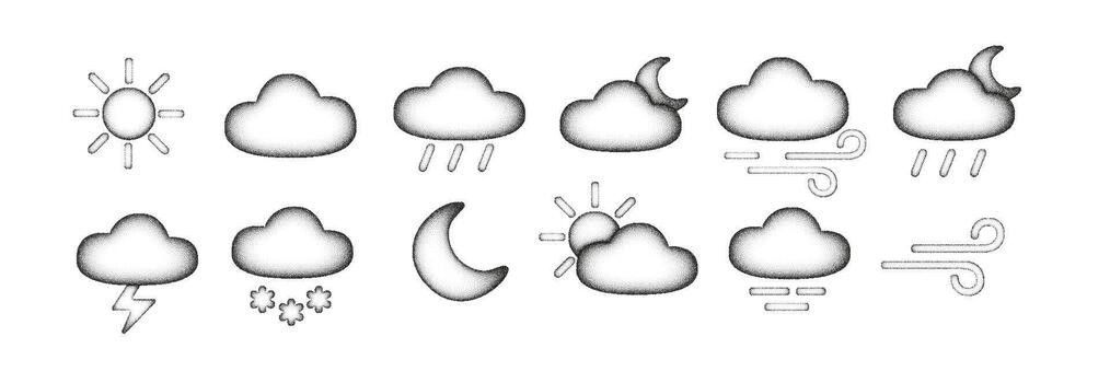 Weather sketch icons with sun, clouds, rain, snow, moon and wind. Handdrawn weather doodle set, cute illustration with pencil texture and sketch style for climate, forecast and weather design vector