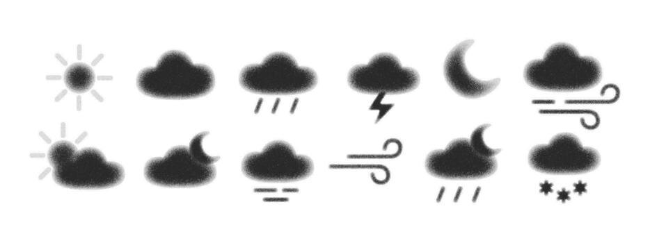 Weather icon set with sun, clouds, rain, snow, storm, wind and moon. Handdrawn weather sketch illustration with dot texture and grain shading. Cute icons for forecast, climate and season design vector